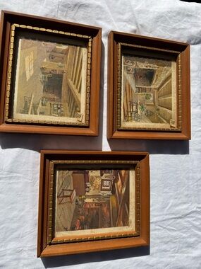 Set of Three Lambert Framed Prints, Rustic Wooden Frames. Vintage Kitchen Scenes
